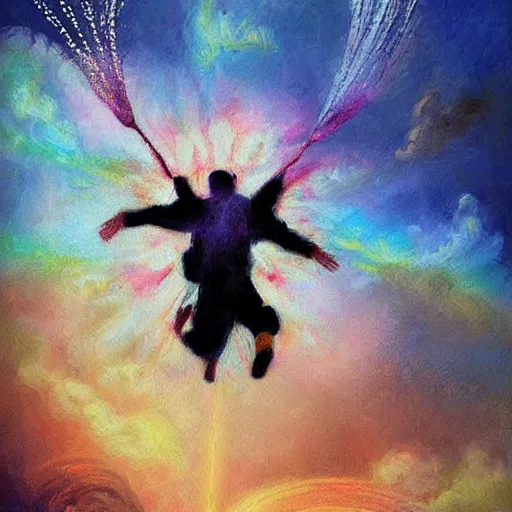 Image similar to arab man with curly hair skydiving, pastel colors, digital painting, impressionist, figurative, intricate details, dreamy, fairylike