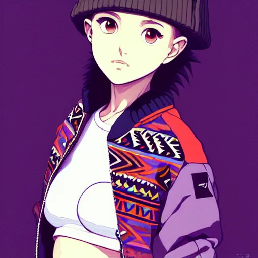 Image similar to a beautiful! boyish! natalie portman alluring gravure! model, wearing oversized aztec bomber jacket and leotard, poofy bomber jacket with mayan patterns, gapmoe yandere grimdark, trending on pixiv fanbox, painted by greg rutkowski makoto shinkai takashi takeuchi studio ghibli, akihiko yoshida