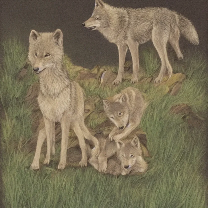 Image similar to one baby wolf on a hill illustrated by Don Freeman in the style of Corduroy