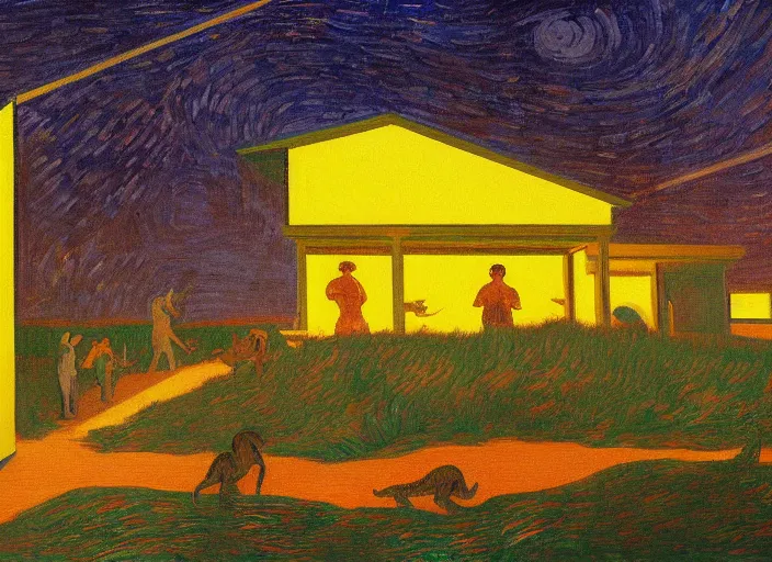 Image similar to painting of the extinction of the dinosaurs with asteroid and fire, in the style of edward hopper and vincent van gogh, dramatic lighting at dusk