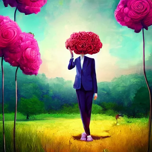 Image similar to portrait, giant rose flower head, girl in a suit, surreal photography, sunrise, blue sky, dramatic light, impressionist painting, digital painting, artstation, simon stalenhag