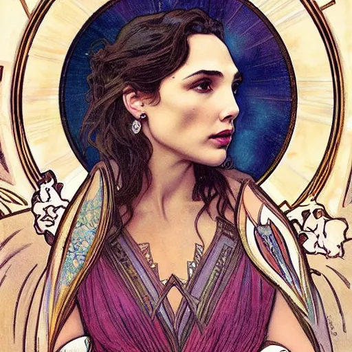 Prompt: gal gadot portrait by louis - theophile hingre and alphonse mucha, realistic, sharp focus, zodiac signs, tarot cards, planets, ethereal, art nouveau, magic, moon, sun, crown, dreamy, royal, jewellery