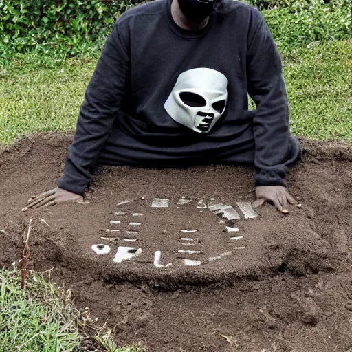 Prompt: rapper MF DOOM seen crawling out of his grave sporting his iconic mask