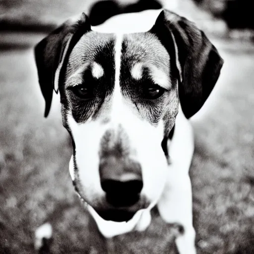 Prompt: photo of a hound dog with red eyes, vintage camera