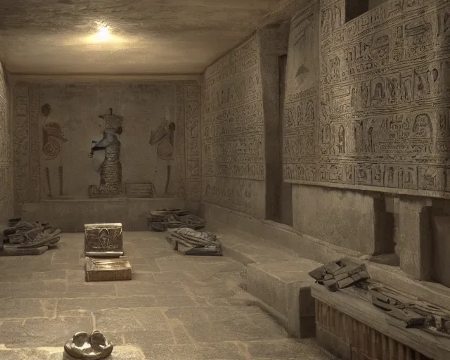 Image similar to screenshot ps 5 videogame in an ancient egypt undiscovered room with a box full of money ingots and gems and precious, concept art, architecture design, pyramids style, rtx, nvidia, renderer, stunning graphics