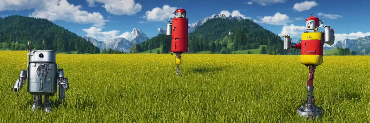 Prompt: a ultra photorealistic and sharp film still of an a sunny and colourful open field in 1 9 0 0 in the middle of the bavarian alps, germany. a tin can robot posing for instagram in the foreground. wide shot, wes anderson, studio ghibli, pixar and disney animation, octane render, anime key art by greg rutkowski, dramatic lighting, award winning photography