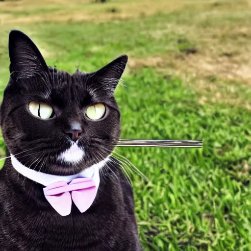 Prompt: A cat wearing a hat and has a miniature bow tie, hyper realistic, HD, HQ, photo realistic