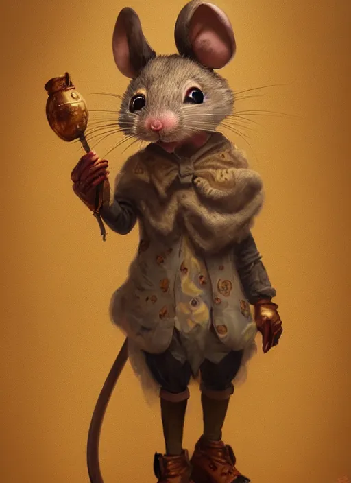 Image similar to full body concept, very fine art oil painting of a cute anthropomorphic mouse with a very beautiful face wearing full intricate clothing, ultra detailed, octane render, 4K, dystopian, micro details