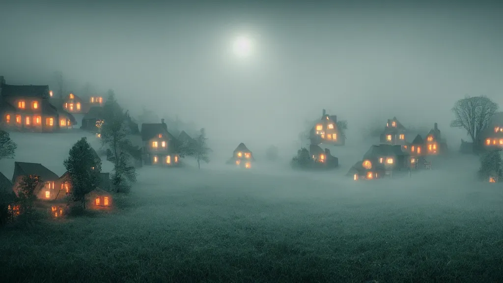 Image similar to village with many beautiful houses in the fog, fog, volumetric lighting, mystique, atmospheric, conept art, teal and orange, sharp focus, ultra detailed, noir arthouse, 4 k, cinematic, 3 5 mm