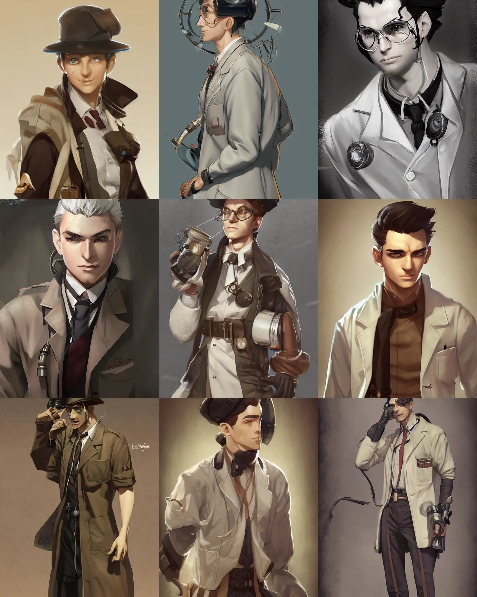 Prompt: A ruffedly handsome male dieselpunk scientist in a lab coat, visualartzi, dieselpunk, anime, concept art by Karla Ortiz, James Paick, Charlie Bowater, Krenz Cushart, highly detailed, ultra detailed, ultra realistic, trending on artstation, cgstudio