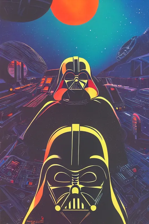 Prompt: the most amazing dream of science fiction disc jockey darth vader astronaut rave, syd mead, ralph mcquarrie, dan mumford, moebius, hd, vibrant color, high contrast, digital illustration