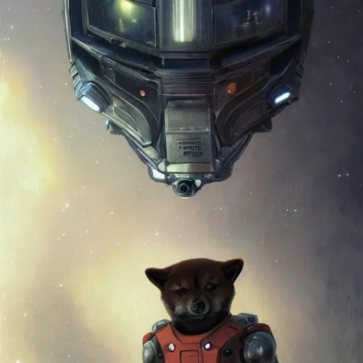 Prompt: movie : the expanse martian goliath black power armor fandom, anthropomorphic shiba inu, realistic scifi, portrait art by donato giancola and greg rutkowski, realistic face, visible face, digital art, artstation, symmetry