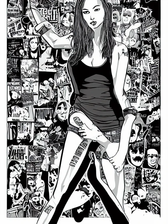 Prompt: portrait full body of punk rock girl, grayscale comic book artstyle by cameron steward