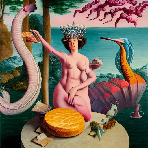 Prompt: a highly detailed oil painting of a pink dolphin queen and a pangolin king ruling a cheese kingdom where everything is made from different types of cheese, surreal, 4 k, trending on art station, in the style of dali, boch, matisse caravaggio, comical