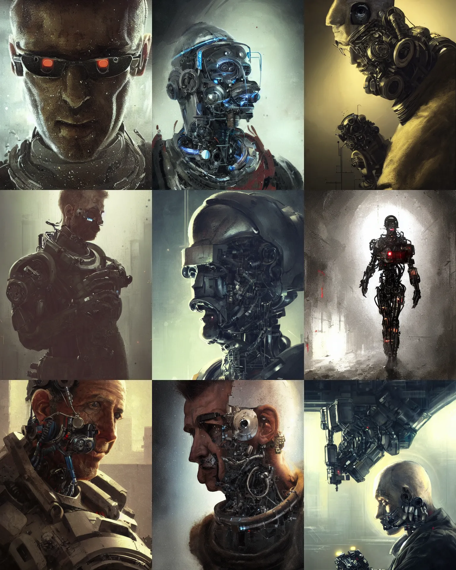 Image similar to a half - masked rugged laboratory engineer man with cybernetic enhancements as seen from a distance, scifi character portrait by greg rutkowski, esuthio, craig mullins, 1 / 4 headshot, cinematic lighting, dystopian scifi gear, gritty, profile picture, mechanical, cyborg, half robot, implants, dieselpunk