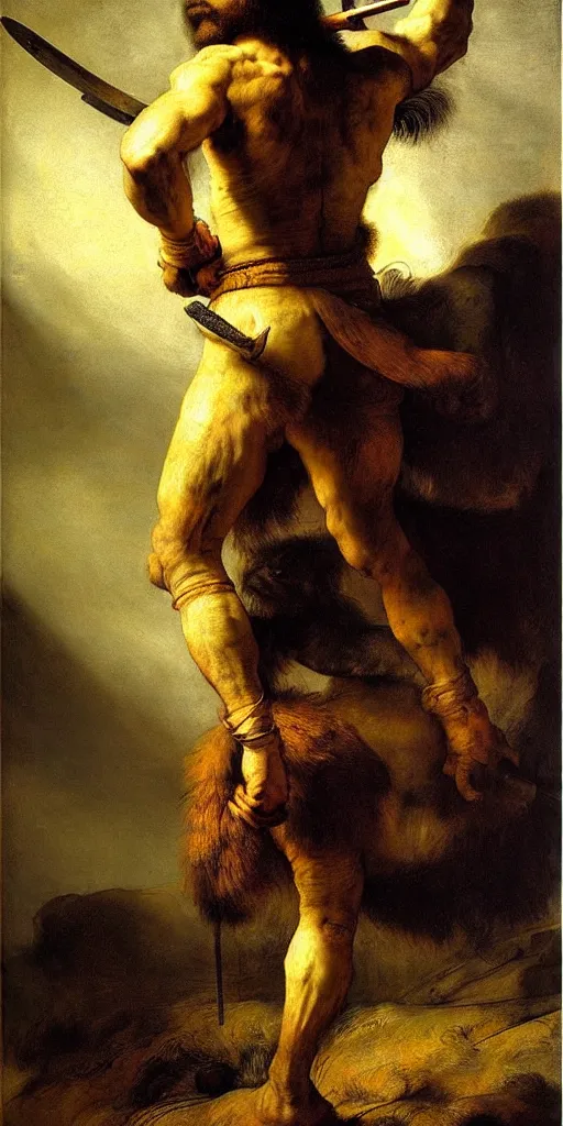 Prompt: muscular_lion_as_barbarian_hunter, full_body backlight with human_legs , very_textured_detailed_oil_painting_by_rembrandt