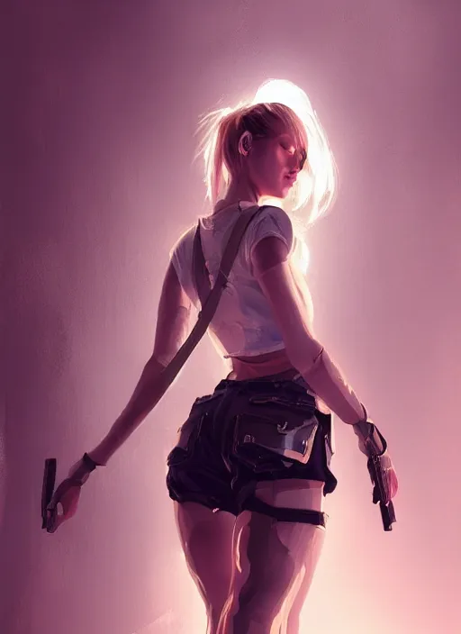 Image similar to a beautiful girl posing on the floor, wearing shorts with suspenders, cyberpunk, dramatic lighting, high detail, concept art, artstation, by Paolo Eleuteri Serpieri