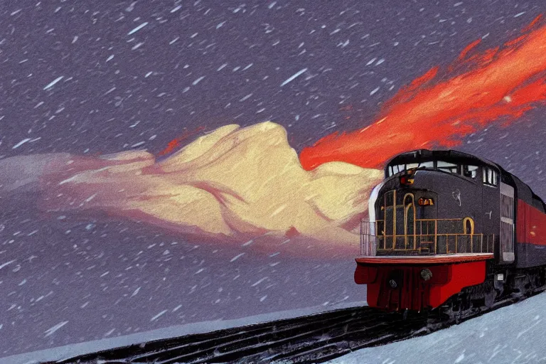 Image similar to an old locomotive rushing through snow storm in high speed, white steam on the side, dark smoke with fire! from the pipes, dynamic angled shot, speed lines, fire particles and snowflakes everywhere, 8 k, by edward hopper, 1 6 k, eerie moon eclipse cinematic scenery