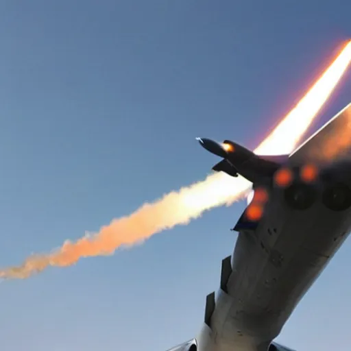 Prompt: A highly detailed wide angle photograph of a fighter jet firing missiles at a warship