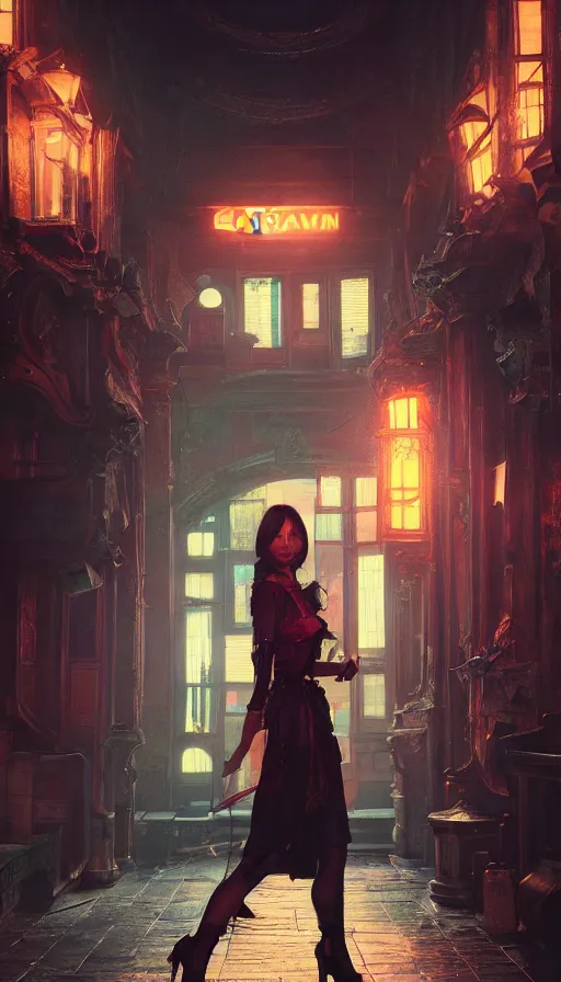 Image similar to portrait of gemma chan tavern bard, intricate face, furious expression, sweat, narrow dark streets with exotic dancers, vaporwave aesthetics, 8 k uhd, unreal engine, octane render in the artstyle of finnian macmanus, john park and greg rutkowski