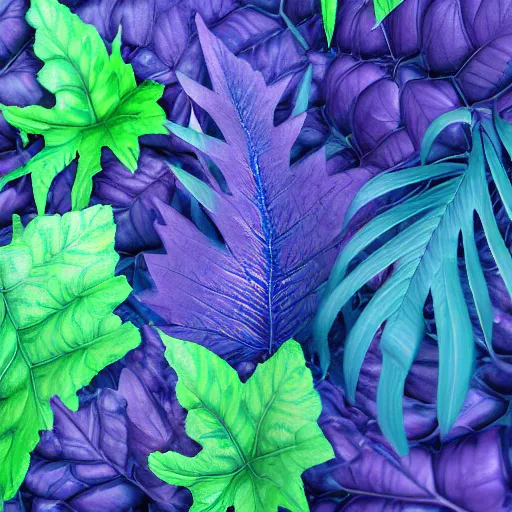 Image similar to a purple and blue sterlizia with lots of leaves, a computer rendering by jonathan zawada, pelton, featured on polycount, computer art, rendered in cinema 4 d, octane render, rendered in maya