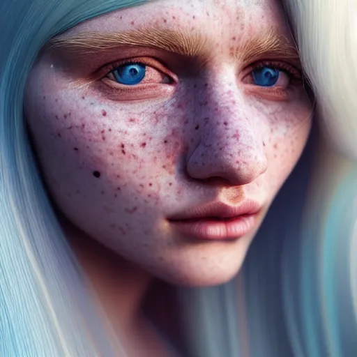 Prompt: beautiful hyperreal portrait of a cute woman, long white hair and bangs, a few cute freckles on cheeks and nose, blue eyes, very detailed face, soft smile, by irakli nadar, golden hour, soft focus, 8 k, portra 4 0 0