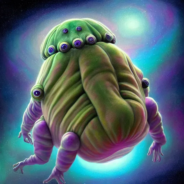 Image similar to a highly detailed tardigrade, it has rainbow hair and a beautiful unconventional face, floating through deep space, elegant, hyperrealistic, digital painting, artstation, realism, concept art, pop, smooth, mythological, sharp focus, qualia, illustration, art by mark ryden 3 d 8 k ultra detailed