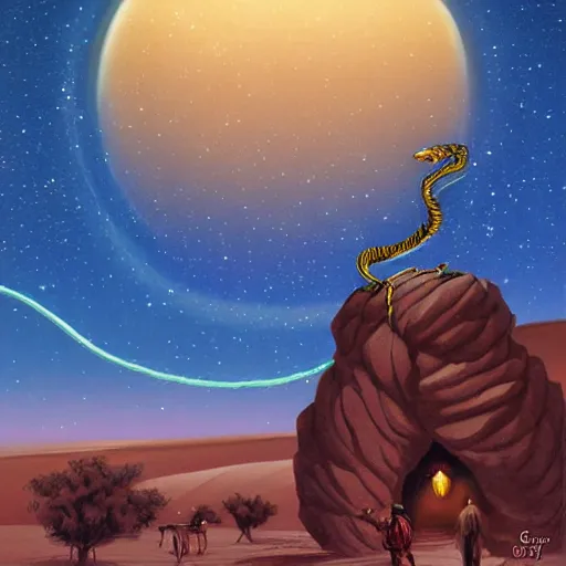 Prompt: giant cobra, desert, night light, fantasy, d & d, art by greg rutkowsky