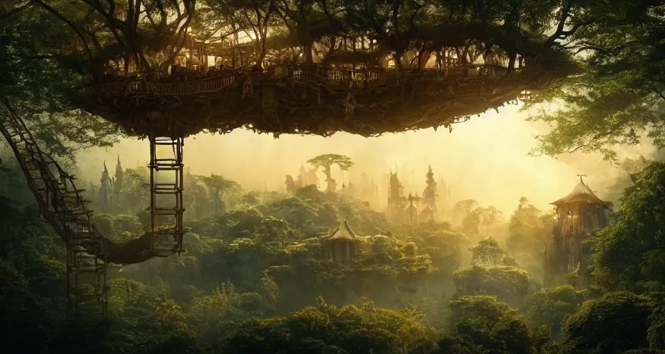 Image similar to An incredibly beautiful shot from a 2022 fantasy film featuring a fantasy treehouse city in an ancient forest. Suspended walkways. Ancient books. Golden Hour. 8K UHD.