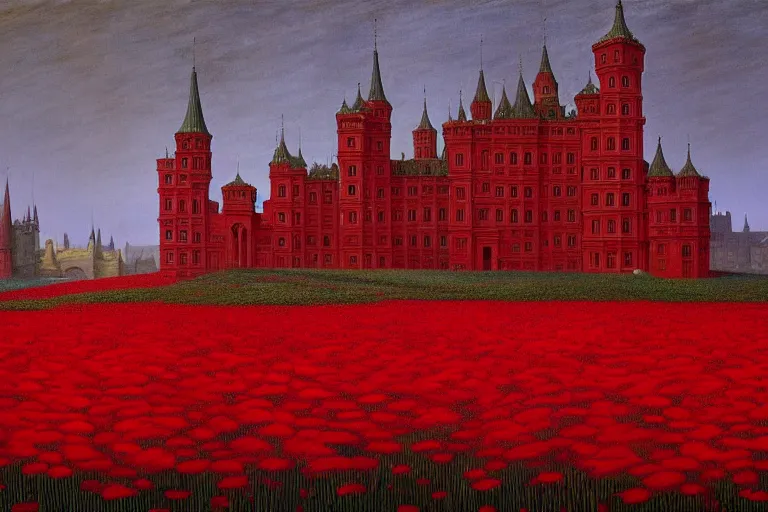 Image similar to only with red, red flowers of different types, red castle in background, red medieval goblins, in the style of beksinski, parts by edward hopper, parts by rodcenko, parts by yue minjun, intricate and epic composition, red by caravaggio, insanely quality, highly detailed, masterpiece, red light, artstation, 4 k