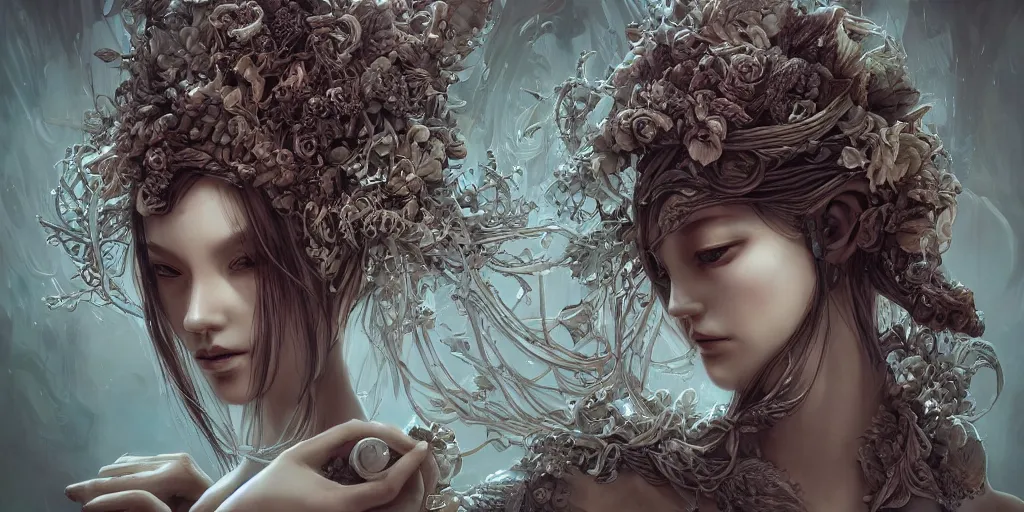 Prompt: hyperrealistic solarpunk photography of a highly detailed and symmetrical gorgeous android nymph in the style of beth cavener, jin kagetsu, james jean and wlop, face symmetry, masterpiece, award - winning, sharp focus, intricate concept art, ambient lighting, 8 k, artstation