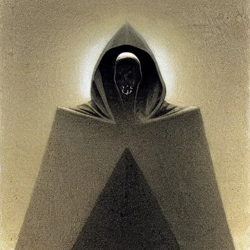 Prompt: a closeup of a hooded figure holding a small pyramid on a ferry in the underworld, charon, greek mythology, beksinski