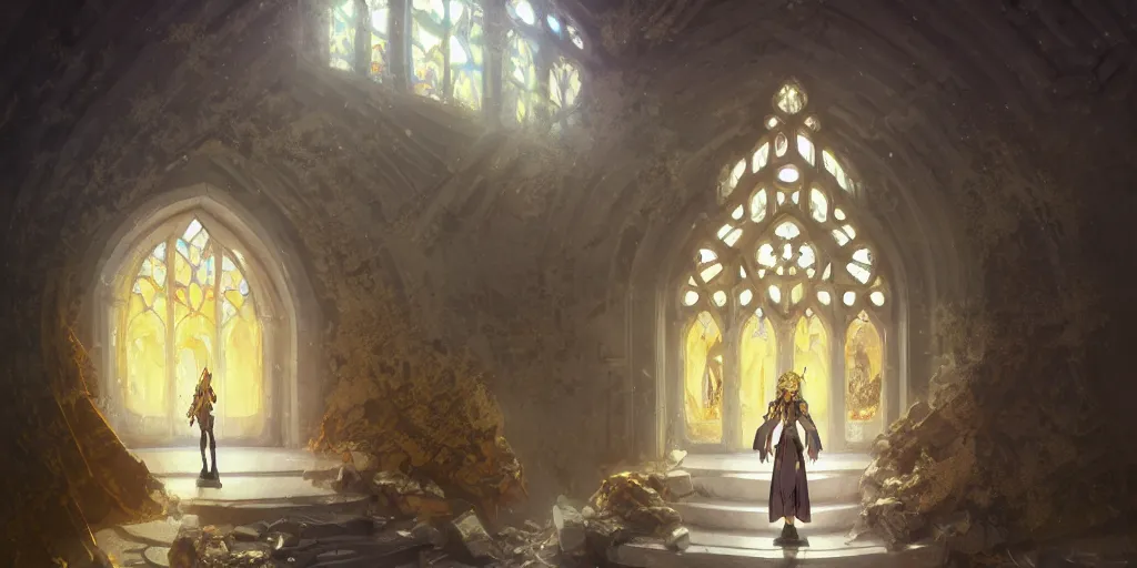 Image similar to baroque acrylic palette knife, key visual concept art, rustic grand stone chapel with anime female knight standing in the doorway wearing silver armor gold trim, brutalist fantasy, rule of thirds golden ratio, fake detail, trending pixiv fanbox, style of makoto shinkai ghibli takashi takeuchi yoshiyuki sadamoto jamie wyeth james gilleard greg rutkowski chiho aoshima