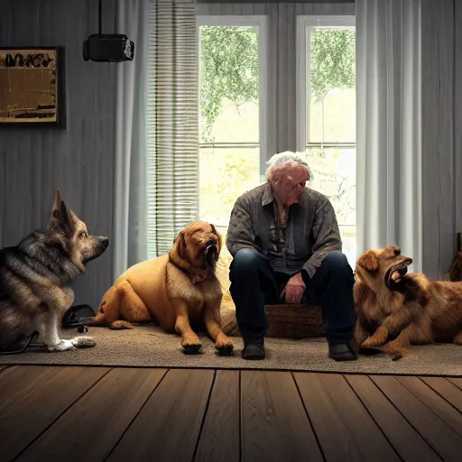 Image similar to a picture of an old man with 2 giant dogs next to him living in a small apartment, German shepard and a golden retriever, midwestern redneck life, sharp edges, realistic image, 8k UHD, arnold render, realism, dramatic, HD, high details