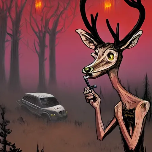 Image similar to 4 k headshot portrait of a psychedelic demonic anthropomorphic deer - horned wendigo smoking a hand - rolled cigarette smoking heavily, magic mushroom village in background. award winning. superb resolution. in the art style of junji ito and greg rutkowski. detailed mushroom city in background. hyper realistic anime. perfect art. dalle 2