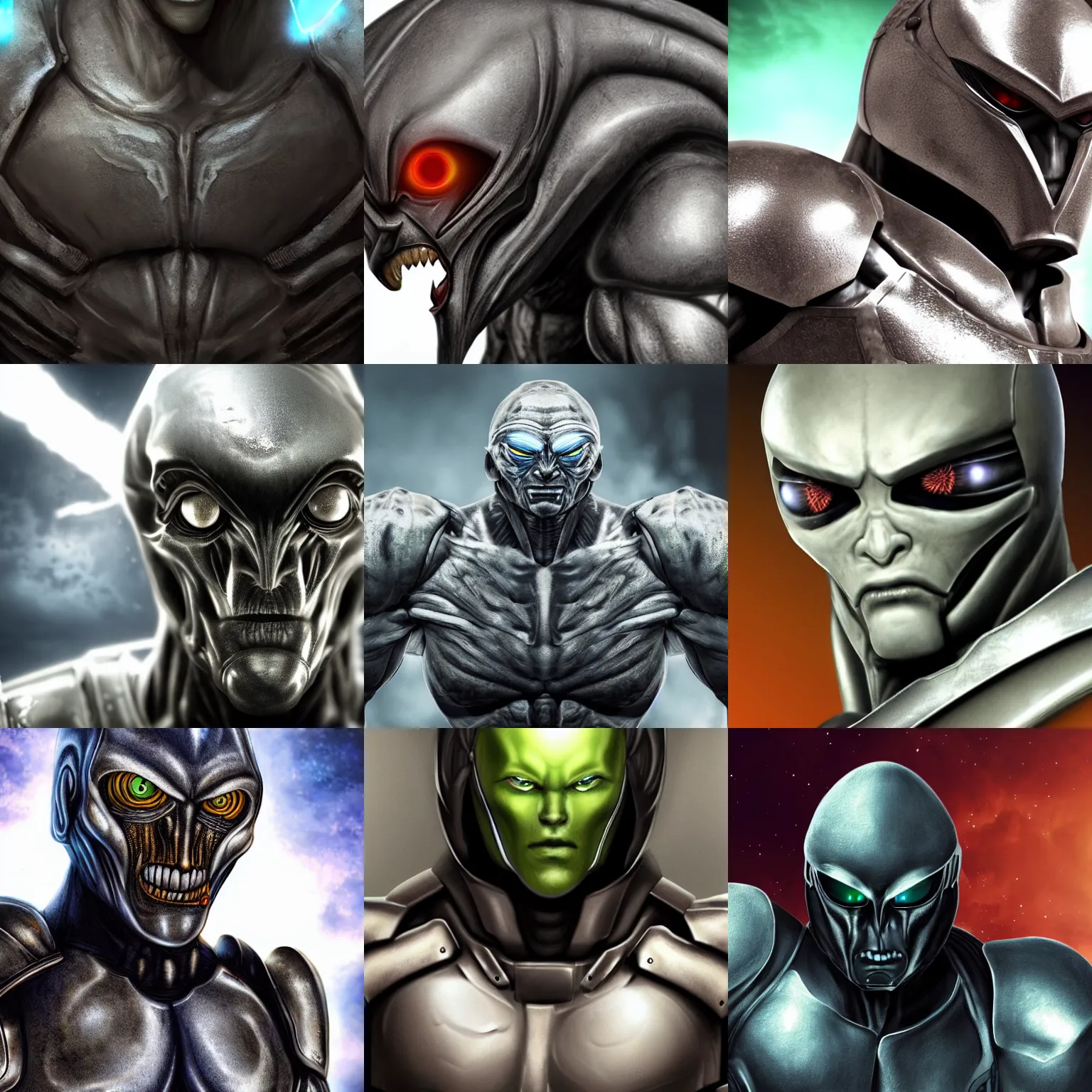 Prompt: close up realistic photo large muscular alien soldier wearing armor, he has glowing eyes portrait
