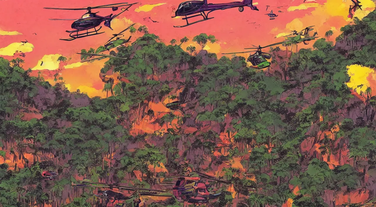 Prompt: helicopters flying low over jungle mountains sunset sky rice patties beautiful artstation 4 k breathtaking graphic novel concept art illustration cartoon by jack kirby