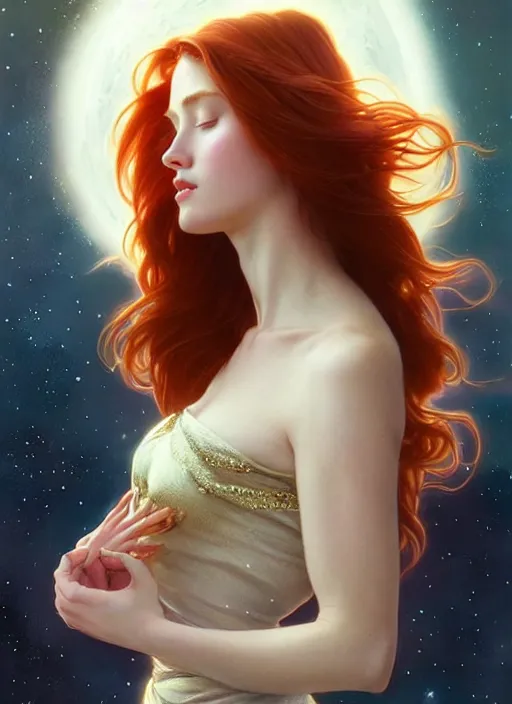 Prompt: beautiful redhead girl surrounded by starlight, eyes closed, moon behind her, holding a fairy in her hand, shiny, fantasy, int ricate, elegant, hyper detailed, ultra definition, photoreal, artstation, unreal engine rendered, concept art, smooth, sharp focus, illustration, art by artgerm and greg rutkowski and alphonse mucha and garis edelweiss