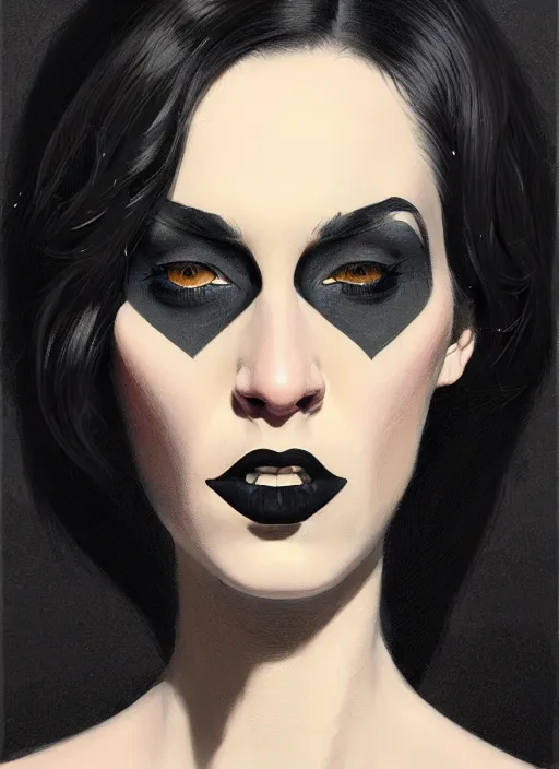 Image similar to portrait of a woman with a crooked nose and a confident expression, 1 9 6 0 s, black clothes, goth, punk, brightly coloured hair, funk, intricate, elegant, highly detailed, digital painting, artstation, concept art, smooth, sharp focus, illustration, art by wlop, mars ravelo and greg rutkowski