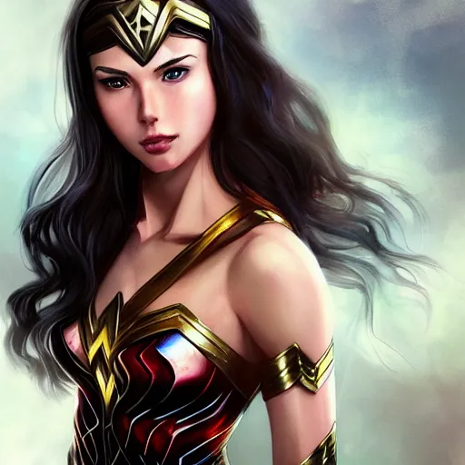 Image similar to A potrait of realistic anime wonder woman, digital painting, by WLOP and Rossdraws, digital painting, trending on ArtStation, deviantart