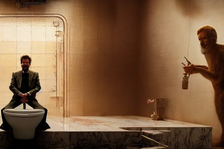 Prompt: hyperrealism aesthetic ridley scott and denis villeneuve style photography of a detailed giant, siting on a detailed ultra huge toilet in surreal scene from detailed art house movie in style of alejandro jodorowsky and wes anderson