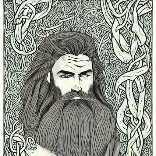 Prompt: bearded male druid gray face pointy ears with vines as hair wizards of the coast