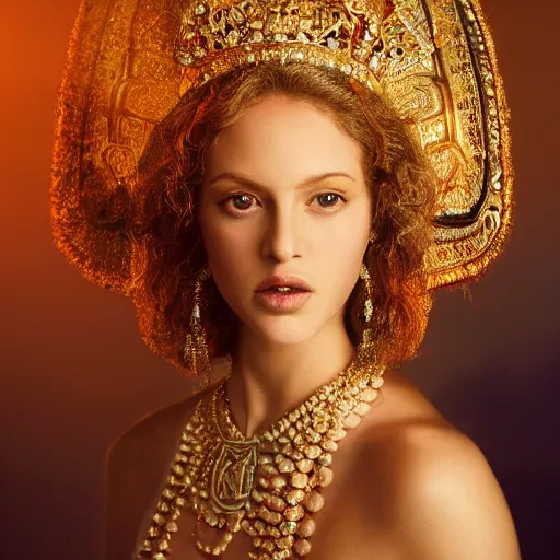 Prompt: portrait of a stunningly beautiful female empress at sunset, fashion photoshoot, by edward robert hughes, annie leibovitz and steve mccurry, david lazar, jimmy nelsson, breathtaking, 8 k resolution, extremely detailed, beautiful, establishing shot, artistic, hyperrealistic, beautiful face, octane render