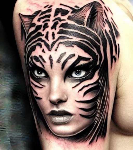 Image similar to tattoo design of a beautiful girl warrior under a tiger head, hyper realistic, realism tattoo, by eliot kohek, beautiful eyes, realistic face, black and white, white background