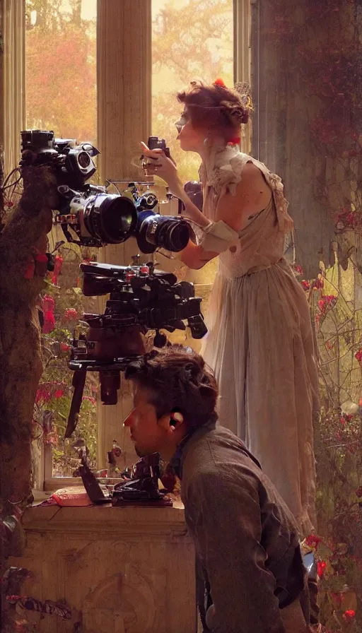 Image similar to hyper realistic photographer looking through camera, magical, painted by james gurney, norman rockwell, tom bagshaw, mucha, gaston bussiere, craig mullins, j. c. leyendecker 8 k