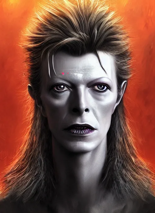 Image similar to masterpiece portrait david bowie, dark souls style, warrior, gael knight, ashen warrior, detailed portrait, fantasy character portrait, top lighting, hyper detailed, digital painting, 8 k realistic, hyper detailed, realistic shaded, perfect face, artstation,