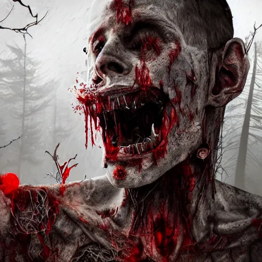 Prompt: A realistic detailed photo of a creepy man, extra detailed body, crooked legs, blood, exploded belly, red eyes, destroyed body, dead skin, dead trees, detailed body, teeth filled with cavities, foggy landscape, creepy, light particles, detailed light, realistic shaders, trending on artisation, detailed textures, detailed, realistic.