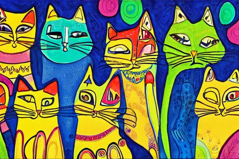 Image similar to beautiful art illustration of a group of cats by laurel burch, highly detailed