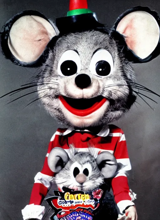 Prompt: Chuck E. Cheese mascot grainy 1980’s circus portrait of an anthropomorphic rat animatronic dressed like a clown, professional portrait HD, mouse, Chuck E. Cheese head, authentic, mouse, costume weird creepy, off putting, nightmare fuel, Chuck E. Cheese