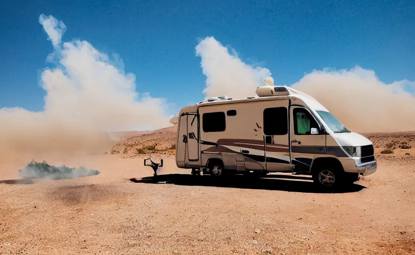Prompt: a motorhome in the desert, green smoke coming from the top, wide angle shot